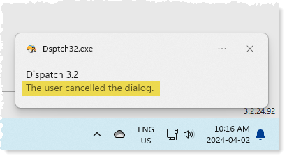 The user cancelled the dialog